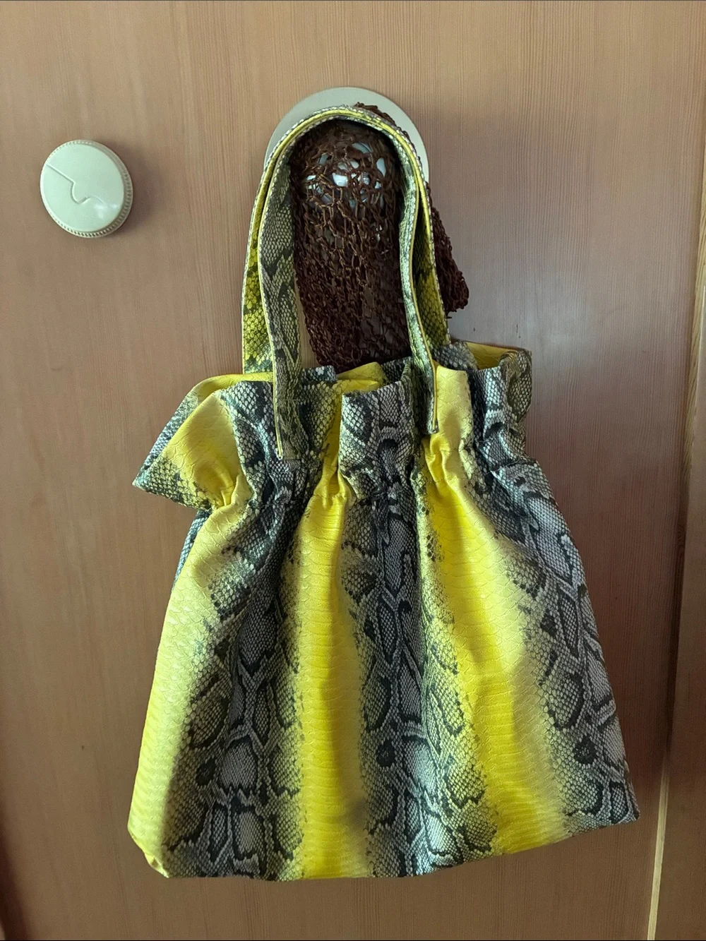 Yellow Thea B Snake-Print Drawstring Tote Bag